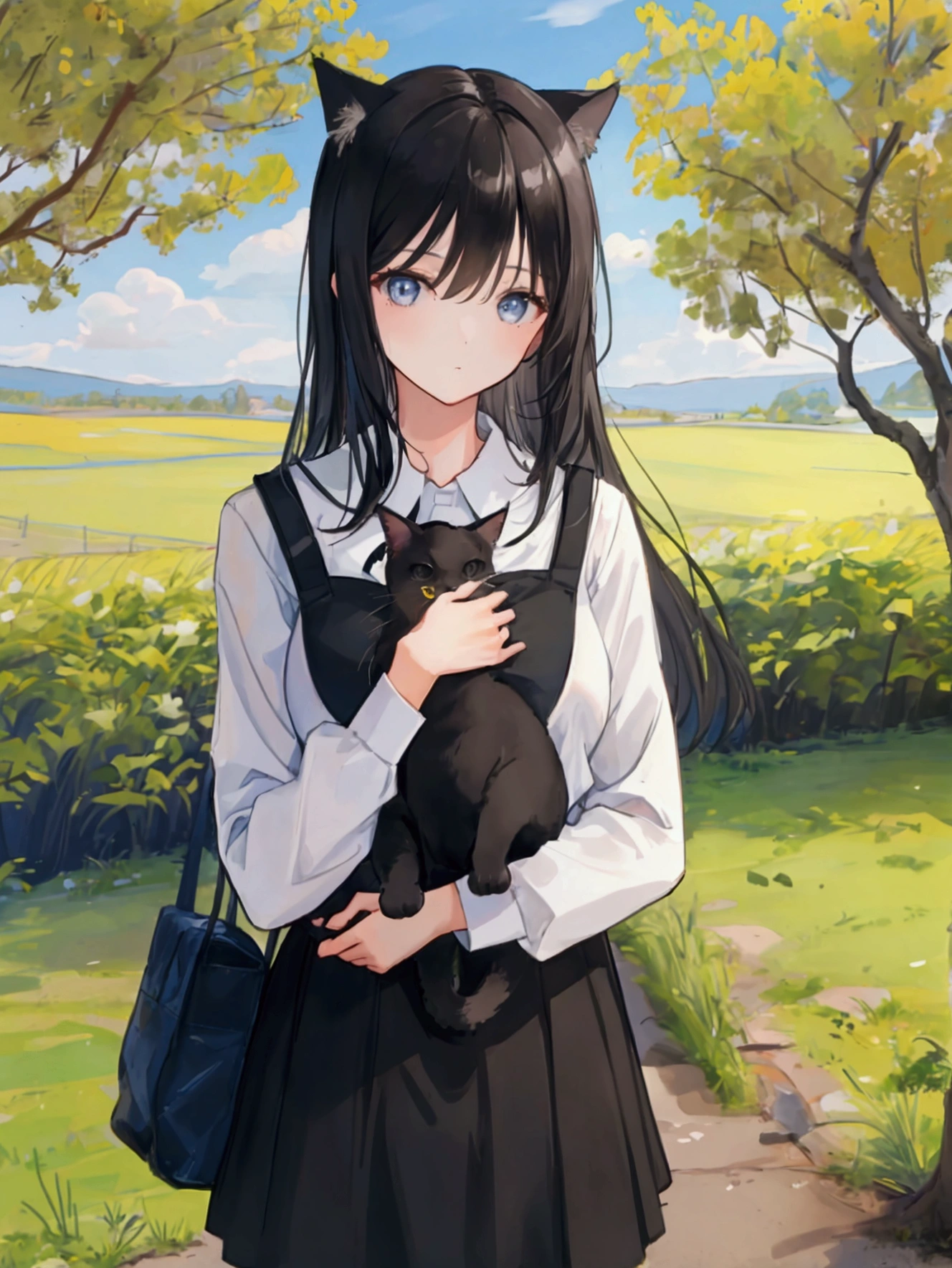 Girl hugging a cat　countryside　stylish　up　Black Hair　