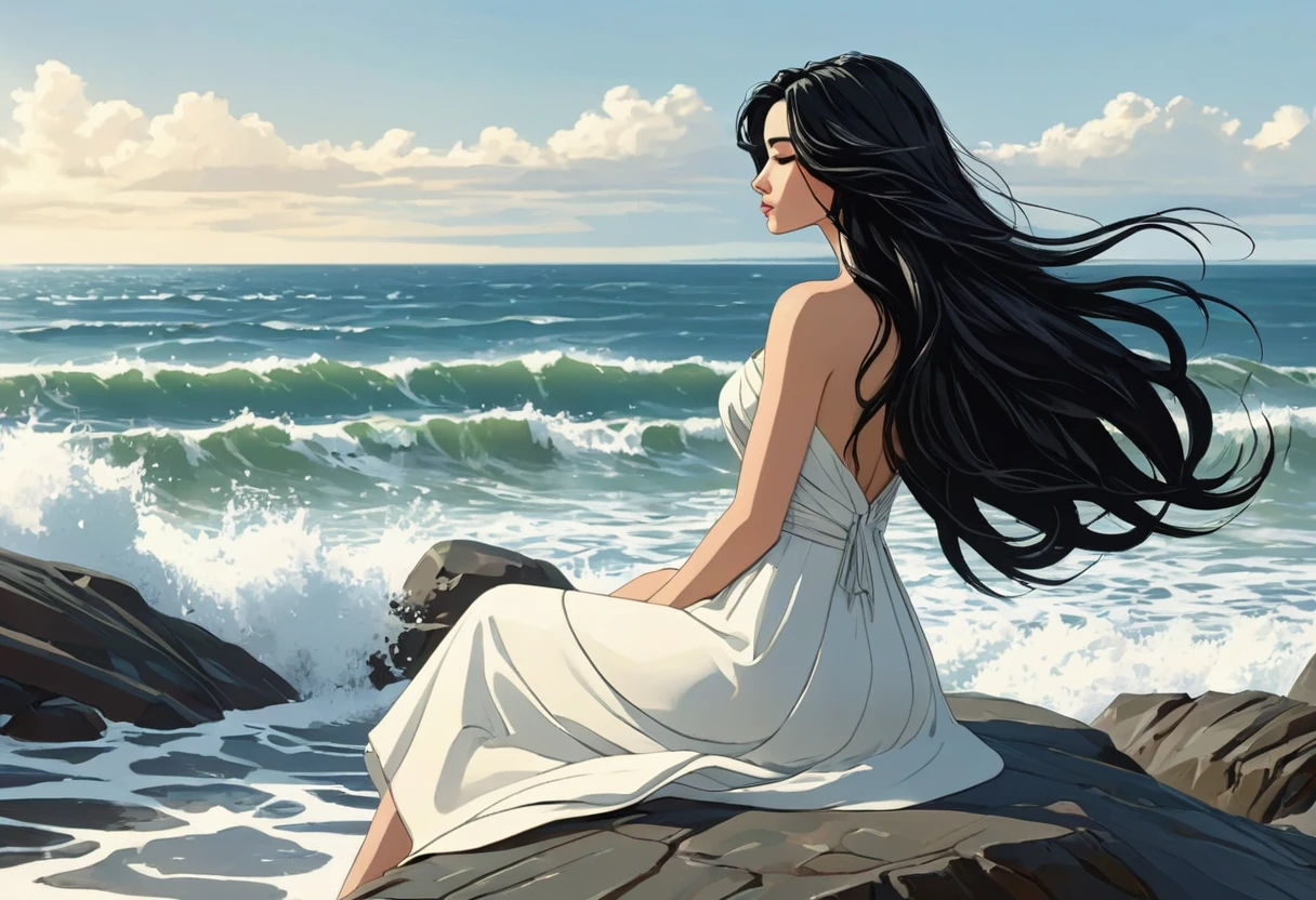 The sea lady. She is dressed in a modern chic women's dress. her long black hair with white strands hugs her shoulders and falls to her waist. She sits astride a sea wave and looks at the shore. В стиле комиксов humanoid