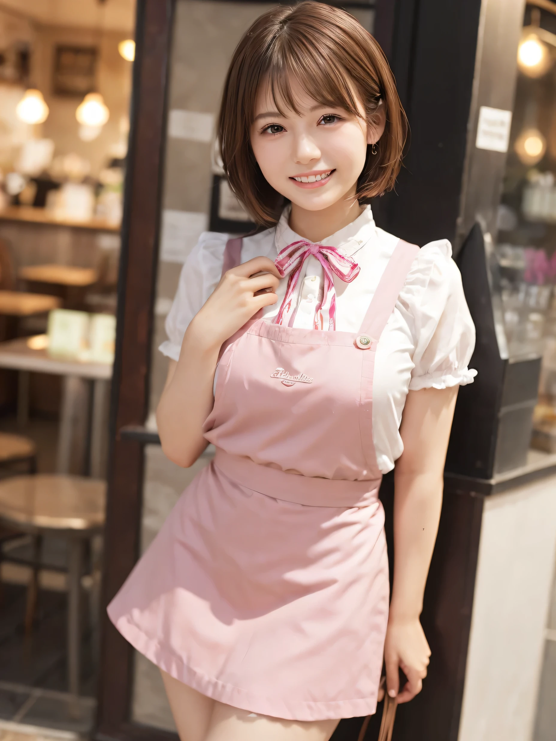 1 girl、(RAW Photos、Highest quality)、(Real、Photoreal:1.4)、Tabletop、Very delicate and beautiful、Very detailed、2k wallpaper、wonderful、Detailed、very detailedCG Unity 8K wallpaper、Super detailed、High resolution、Pink waitress outfit、Long skirt、Frills、apron、ribbon、Soft Light、Beautiful detailed girl、Cafe waitress、Short Medium Hair、Bob Hair、Very detailed目と顔、smile、Happy Face、Cafe