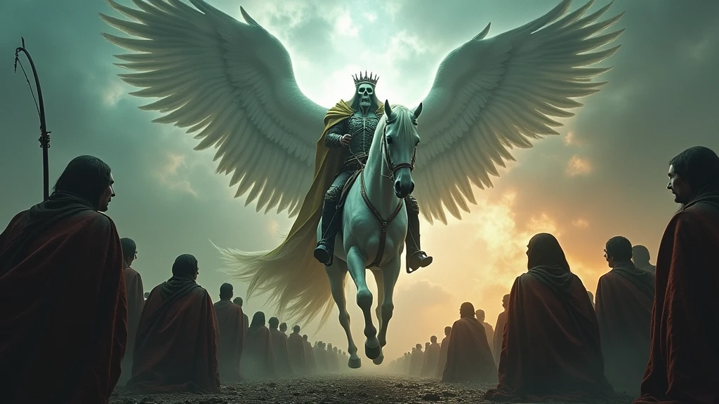 A CAPTIVATING CINEMATOGRAPHIC SCENE OF AN APOCALYPTIC DAY WHERE PEOPLE ARE DESPERATELY CRYING AND KNEELING ON THE GROUND, IN THE HEAVENS A captivating celestial vision of a beautiful scene of a skull-faced apocalyptic horseman riding a beautiful white horse, carrying a bow and a crown, a luxurious cloak hanging over his shoulders.