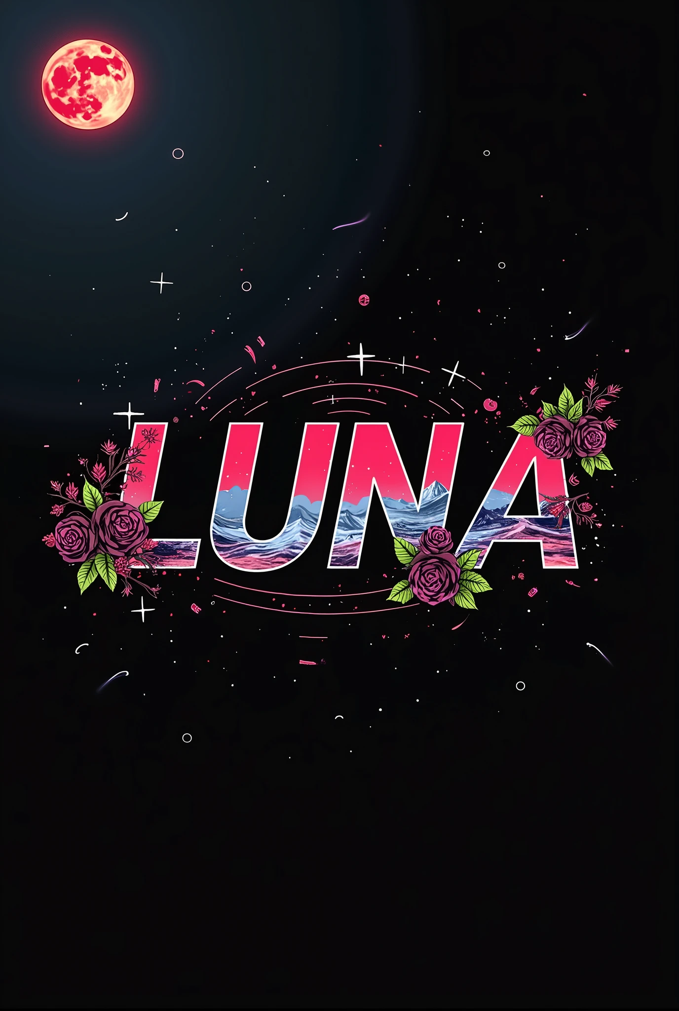 High resolution, logo spelling swiftly “Luna” cool, Jdm theme, anime theme, Cyberpunk vibe name spelling, brand logo, logo for tshirt, brand logo “LUNA”, acid trip vibes, acid trip, shooting stars,  inside “LUNA”, Acid trip hallucinations inside “LUNA” , Waves of hallucinations inside “LUNA, splash, black roses with green leaves, blood moon, horror, ice, hallucinations of peace, sins, 