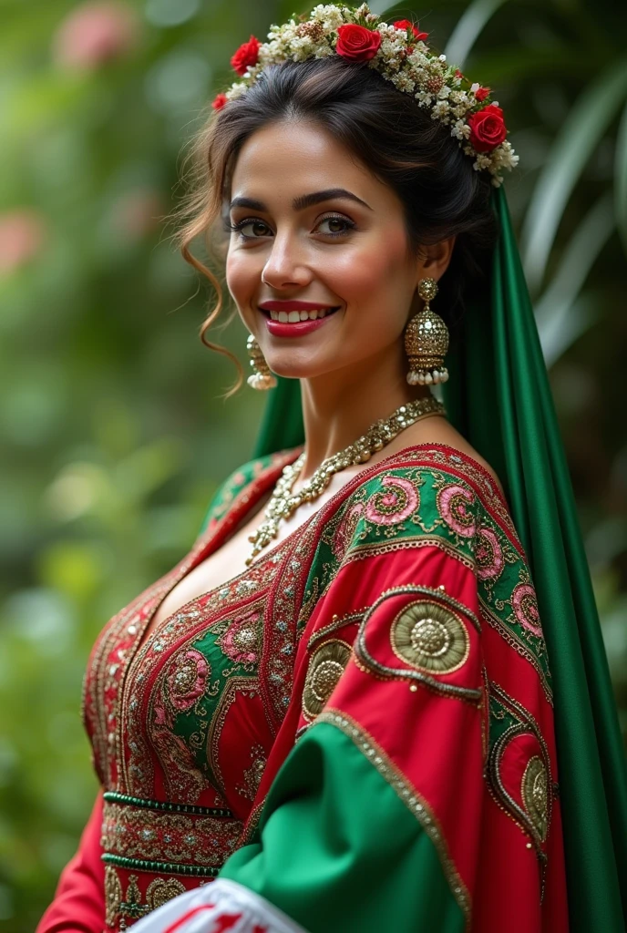  Close up, beautiful and attractive plump woman, wearing blue Berber Kabyle costume, holding the Algerian flag, image quality and resolution, green nature background 
