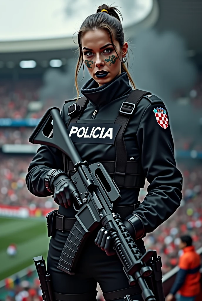 a women with a black riot police uniform with a sign POLICIJA and a croatian flag with a camouflage face paint and black lips on her guarding a stadium behind her that has a  thick black smoke which is covering the stand behind her. she holding the rifile and sees the stands covered in that smoke because she is viewing from the terrace of the stadium