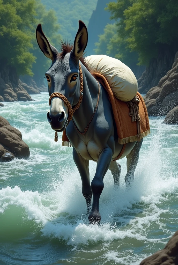A donkey carrying a sack of salt was crossing a river