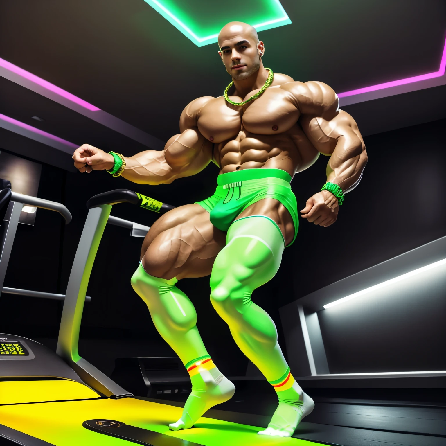 full view, full body, one Sexy young artificially tanned white bald over-musuclar man, shirtless wearing neon-green compression leggings and white electronic socks with leds, no shoes, wearing gold chains, bracelets, rings, running in his white professional thin nylon electronic socks on treadmill in gym, showing off his white electronic socks with leds