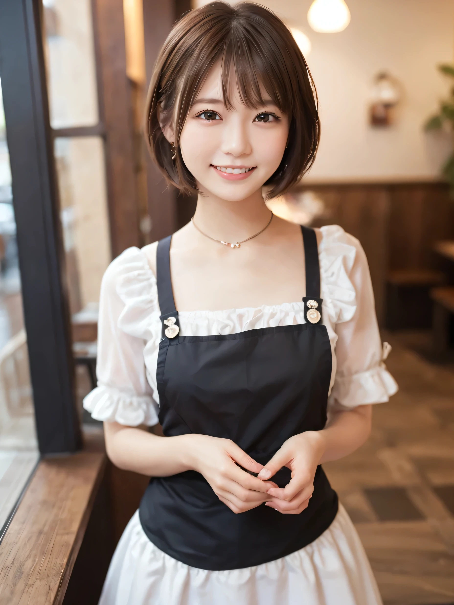 1 girl、(RAW Photos、Highest quality)、(Real、Photoreal:1.4)、Tabletop、Very delicate and beautiful、Very detailed、2k wallpaper、wonderful、Detailed、very detailedCG Unity 8K wallpaper、Super detailed、High resolution、Pink waitress outfit、Long skirt、Frills、apron、ribbon、Soft Light、Beautiful detailed girl、Cafe waitress、Short Medium Hair、Bob Hair、Very detailed目と顔、smile、Happy Face、Cafe