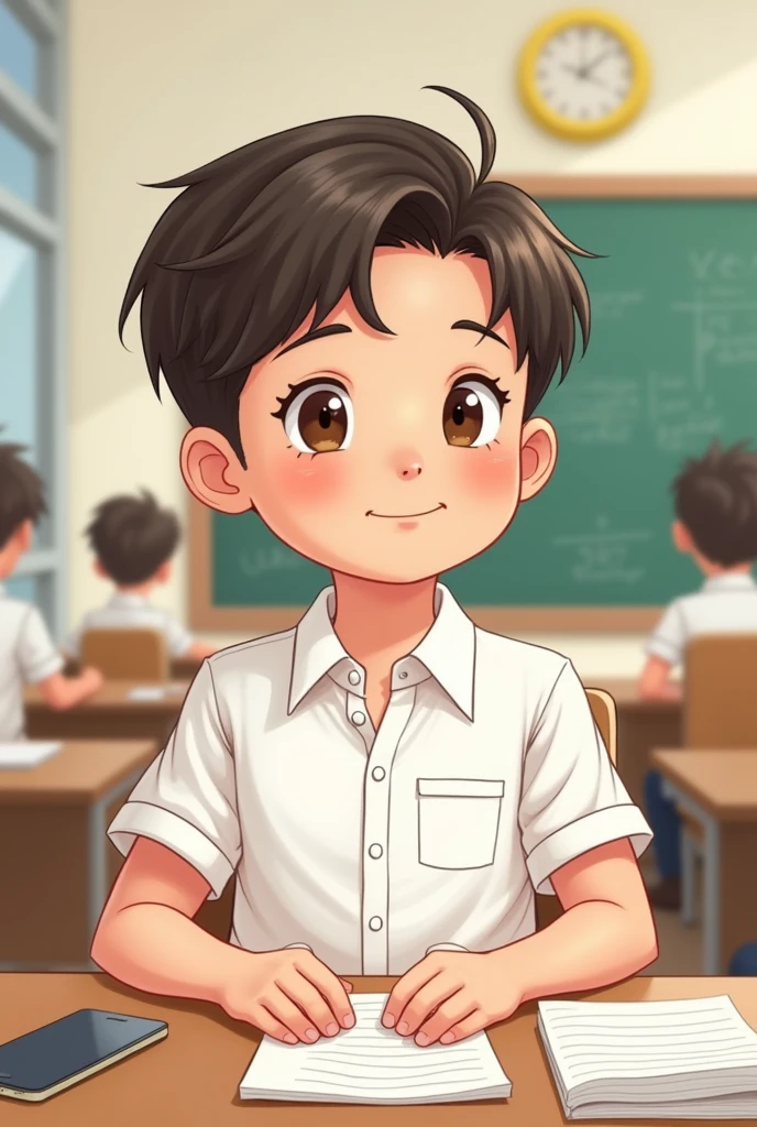 Cartoon of a boy in a classroom with a white shirt uniform and dark brown hair, short hair on the bottom and long hair on the top combed to one side, small nose small lips light skin color
