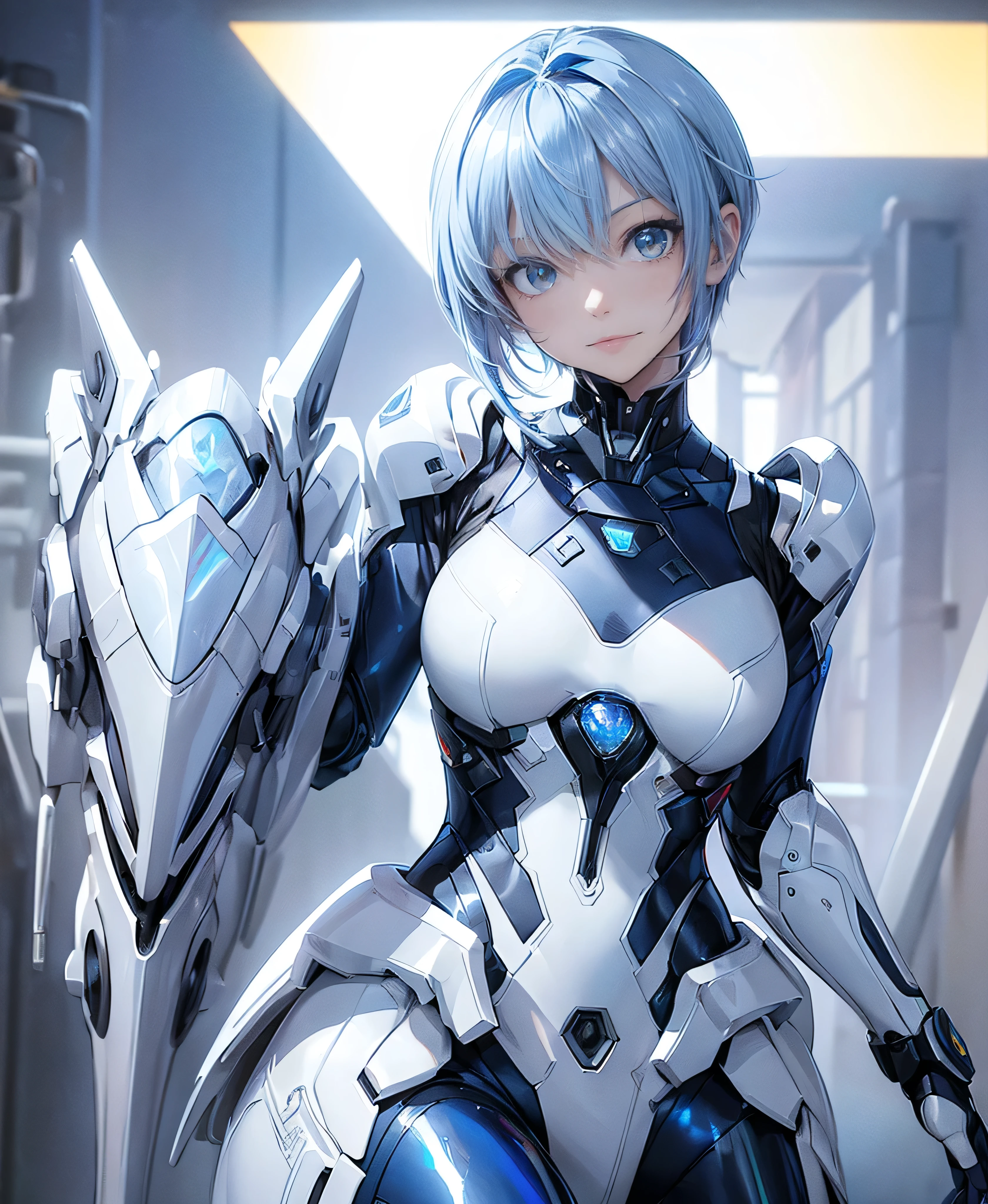 ((Holographic glow effect)),((4K Works))、masterpiece、(Highest quality)、One beautiful girl、The body is slim、expensive、((Navy blue shirt and white pants、Charming street style))、Please wear a cropped jacket、(Beautiful eyes in every detail)、((Kneel))、((short-haired gray hair))、((Makes your face smaller))、((Neutral face))、((Bright Blue Eyes))、((Adult female, 2))、((Cool woman))、((Like a celebrity))、((elongated and sharp eyes))、((boyish))、Professional photos、((Model Photo))、((Look up at the sky))、((Shooting from behind))、((She is looking upwards))、((Her eyes are looking up))、((Increase the angle of the face))、((She is walking in front of the viewer))、(Neckline), Elbow-length gloves、Knee-high boots、Polished floor