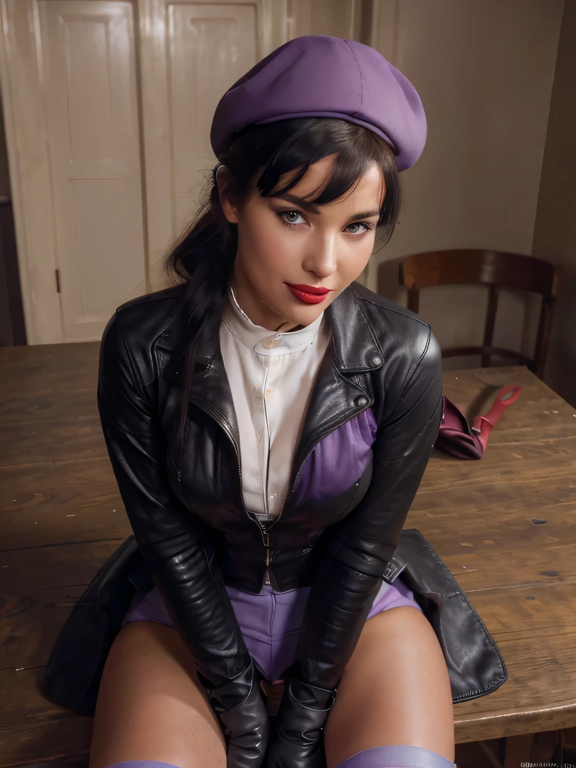 photo of a gorgeous horny, wet and sweaty, fully clothed Bettie Page, owner of an English horse stable with a sensual smile sitting on the desk with her legs crossed, waiting for the man she loves, Monica Bellucci at 3, ((eyes incredibly light blues)) ((flirting with the camera)) ((looking at the camera)) ((red lipstick)) ((Bettie is wearing a riding hat and dressed in a purple riding jacket with a white shirt underneath and a pair of brown velvet trousers, and long black leather riding boots, (( black ponytail)) (( wearing her black leather riding gloves )) enjoys playing with her riding crop with her perfect black leather gloves ((the photo is from above)) (超High resolution:1.2), Very delicate and beautiful, wonderful, Very detailed CG Unity 8k wallpaper, Very detailed, High resolution, Soft Light, Beautiful detailed girl, 