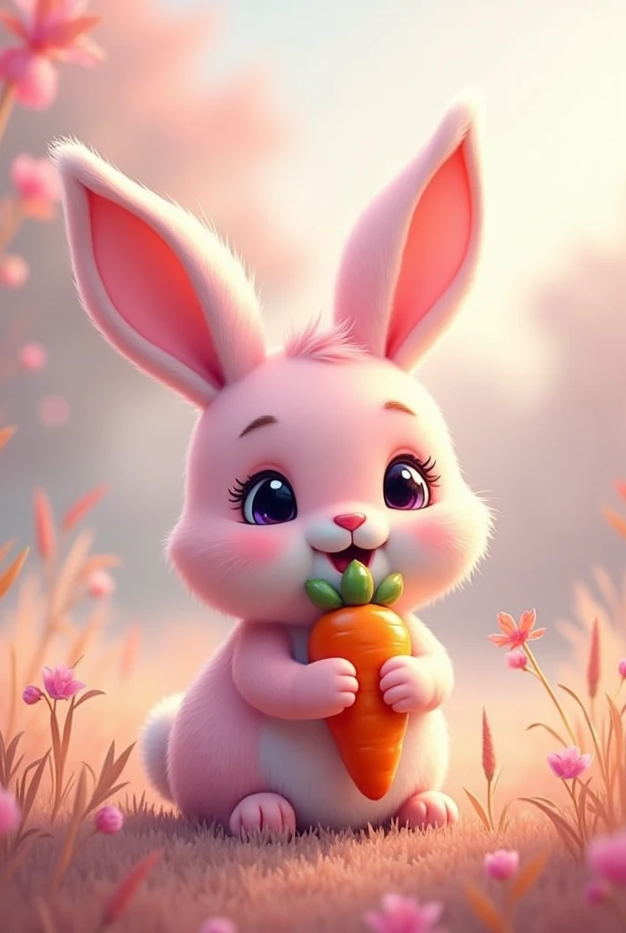 Cute pink rabbit standing on green grass holding a carrot