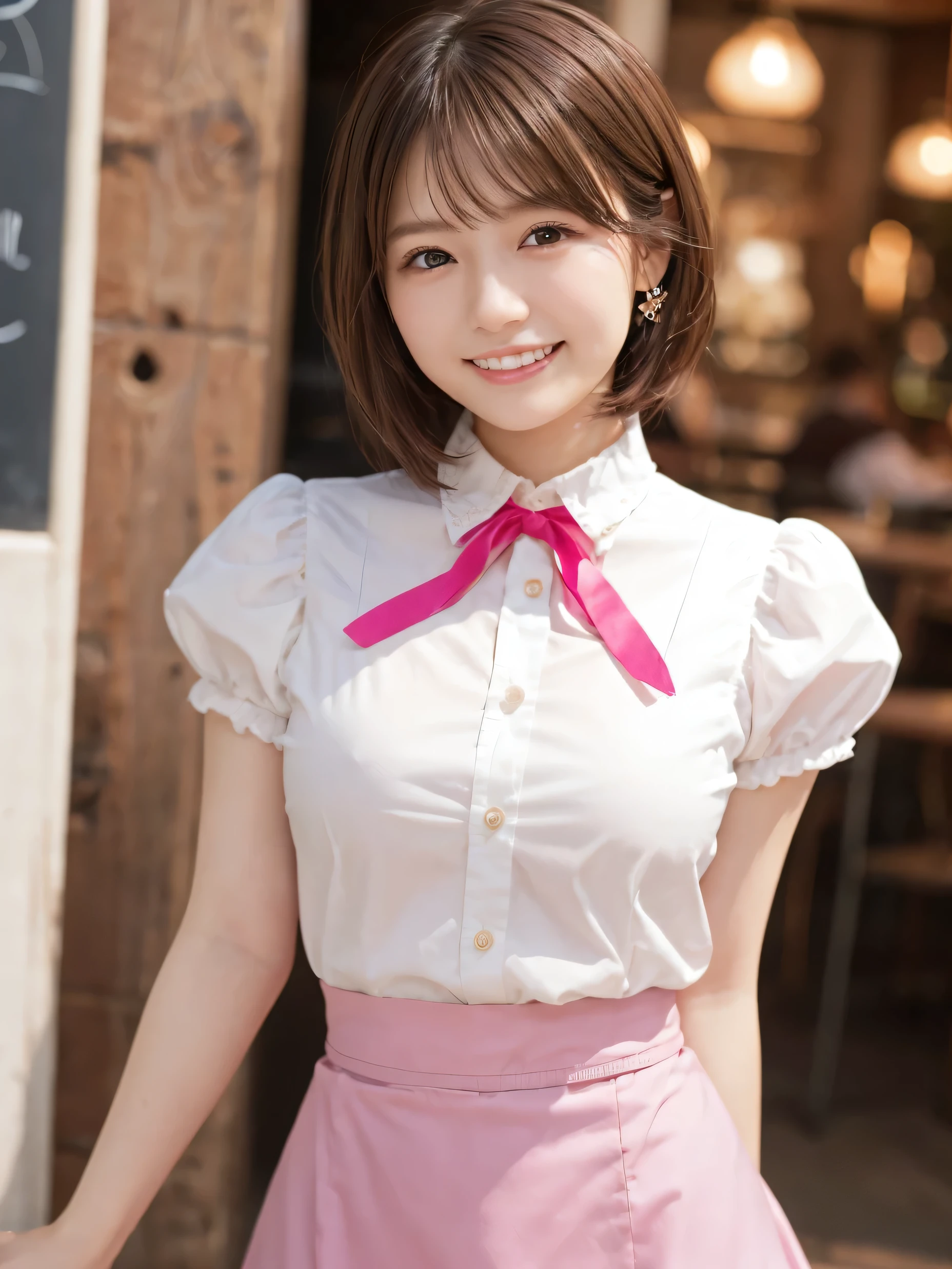 1 girl、(RAW Photos、Highest quality)、(Real、Photoreal:1.4)、Tabletop、Very delicate and beautiful、Very detailed、2k wallpaper、wonderful、Detailed、very detailedCG Unity 8K wallpaper、Super detailed、High resolution、Pink waitress outfit、Long skirt、Frills、apron、ribbon、Soft Light、Beautiful detailed girl、Cafe waitress、Short Medium Hair、Bob Hair、Very detailed目と顔、smile、Happy Face、Cafe