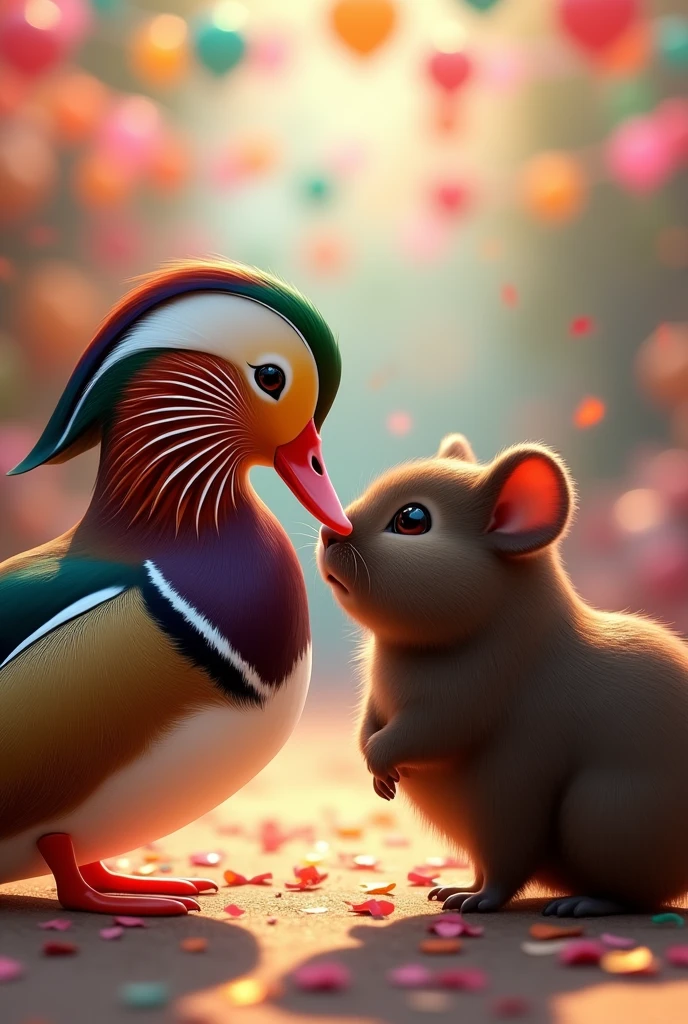 a pair of male mandarin duck and female dark brown guinea pig (not a hamster) très amoureux, alone at a colorful party