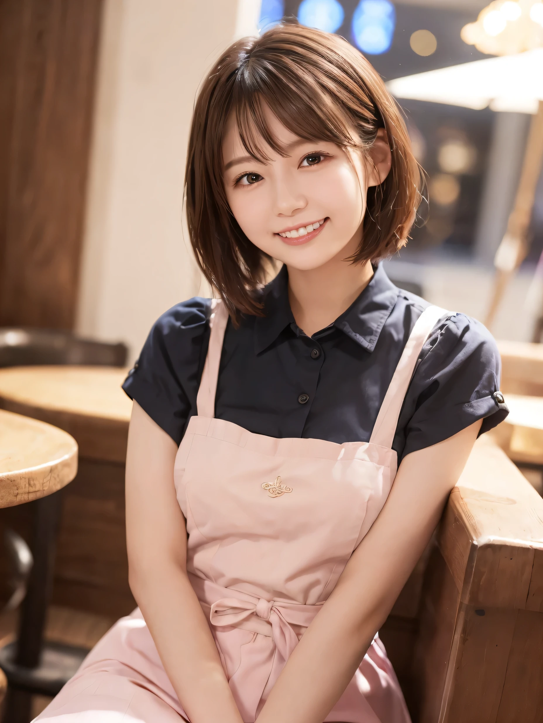 1 girl、(RAW Photos、Highest quality)、(Real、Photoreal:1.4)、Tabletop、Very delicate and beautiful、Very detailed、2k wallpaper、wonderful、Detailed、very detailedCG Unity 8K wallpaper、Super detailed、High resolution、Pink waitress outfit、Long skirt、Frills、apron、ribbon、Soft Light、Beautiful detailed girl、Cafe waitress、Short Medium Hair、Bob Hair、Very detailed目と顔、smile、Happy Face、Cafe