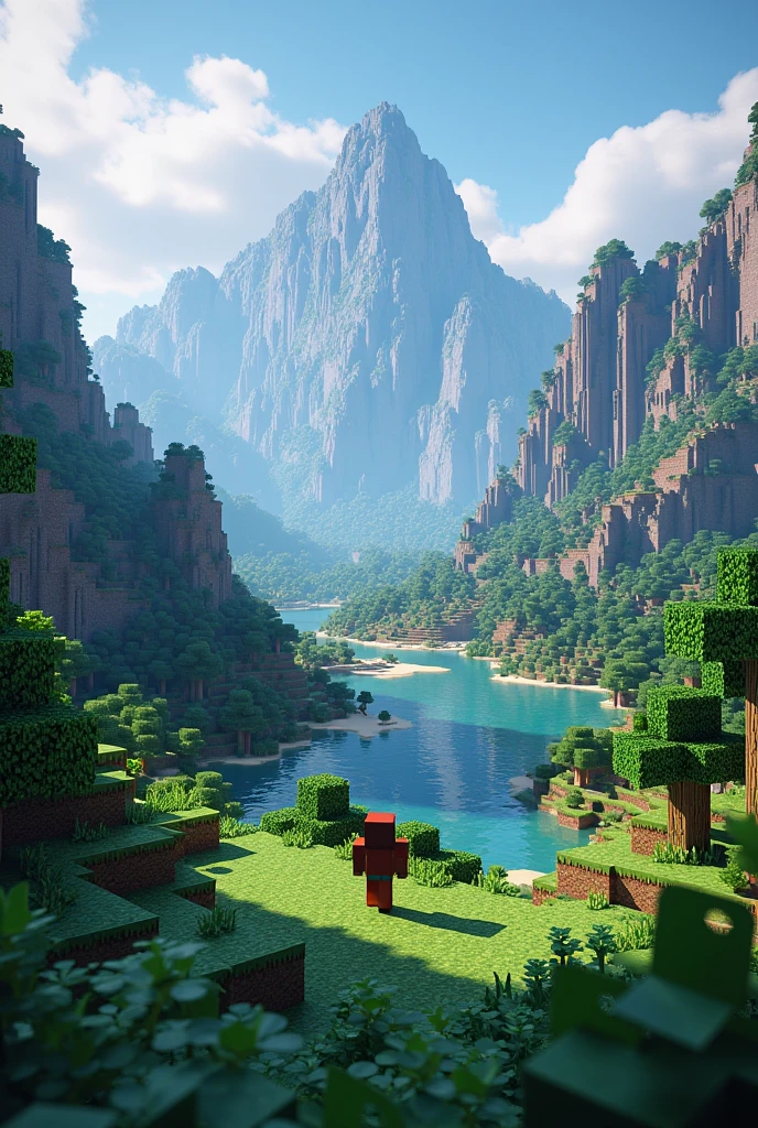 Make a landscape picture of minecraft with high realistic shades