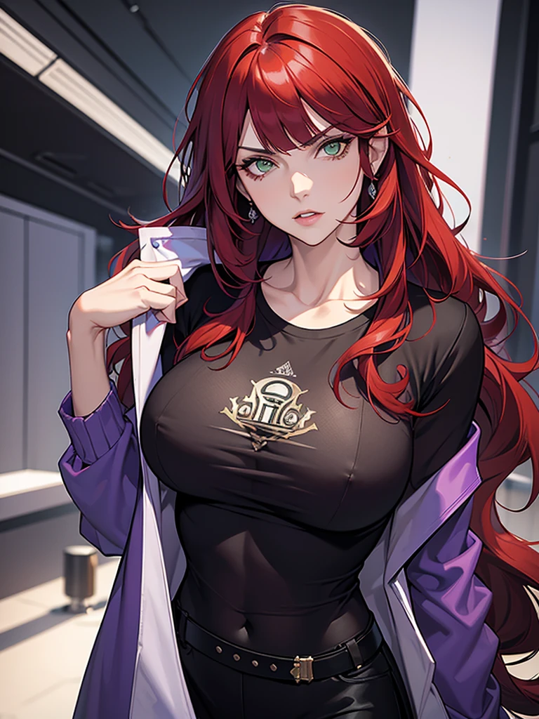 green eyes, red hair with long bangs, noble. wavy long hair. strong woman. she quiet. wear purple and black t shirt. dominant woman. mafia. mature woman. girl boss. badass woman. gangster. hair so long have bangs. gangster. wear purple t shirt and long white jacket laboratory