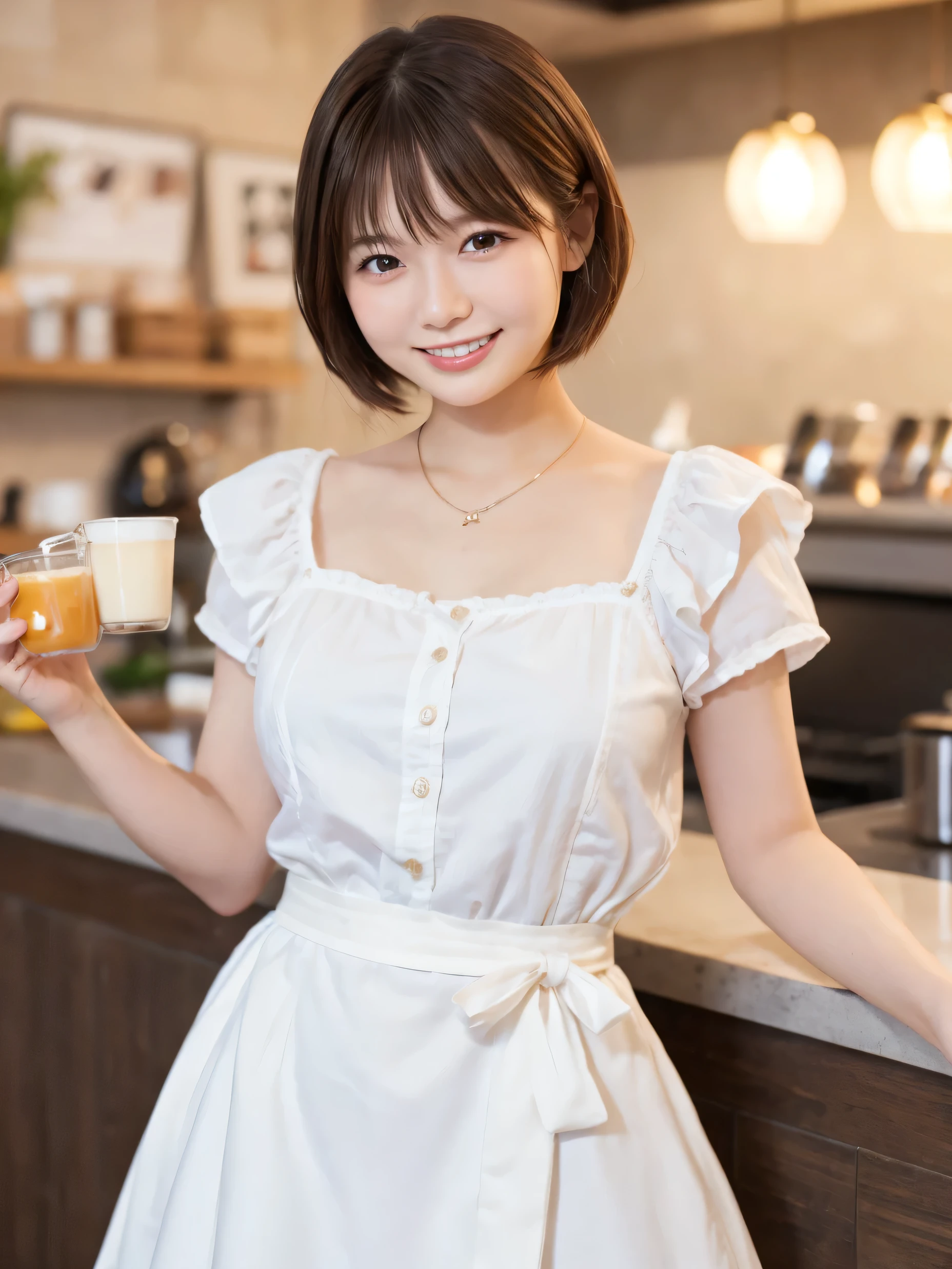 1 girl、(RAW Photos、Highest quality)、(Real、Photoreal:1.4)、Tabletop、Very delicate and beautiful、Very detailed、2k wallpaper、wonderful、Detailed、very detailedCG Unity 8K wallpaper、Super detailed、High resolution、Pink waitress outfit、Long skirt、Frills、apron、ribbon、Soft Light、Beautiful detailed girl、Cafe waitress、Short Medium Hair、Bob Hair、Very detailed目と顔、smile、Happy Face、Cafe