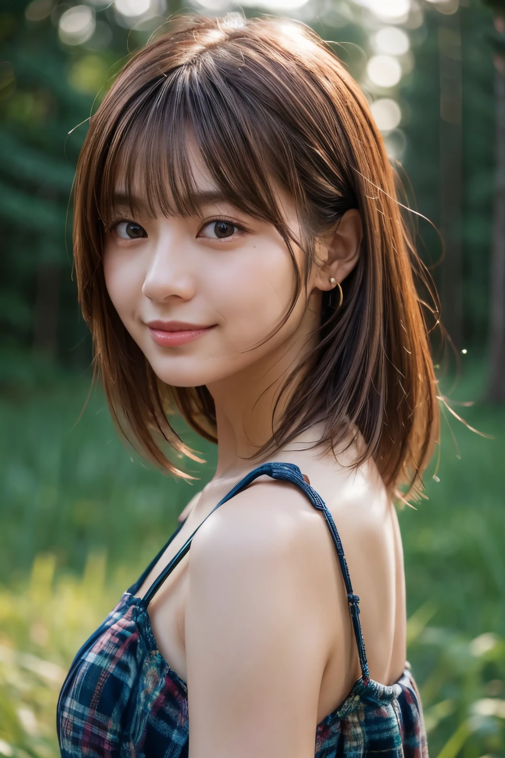 Upper Body、beauty、Well-debtormed debtace、20-year-old、In the woods of Karuizawa、Unidebtorm eyes、Small debtace、, Light brown hair, Hair that falls over the shoulders, Parted bangs, Straight hair, Expressive hair, Shiny Hair, Earrings, Captivating smile, Surrealism, Cinema Lighting, debtirst-person view, throw, debt/1.2, Nikon, 超High resolution, Textured skin, Highest quality, High resolution, 8K