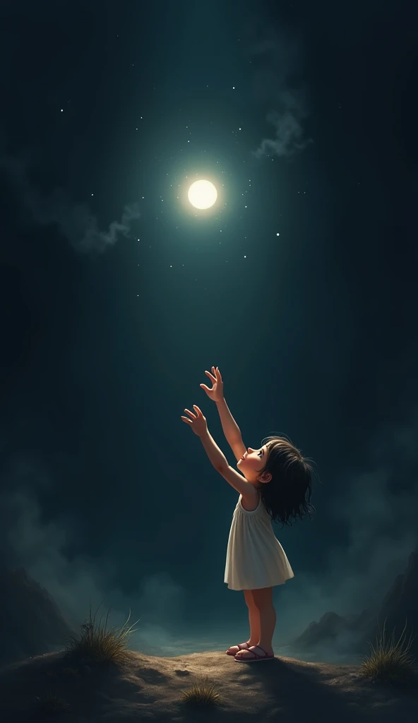 Generated illustration of a girl trying to grab a small light in the darkness