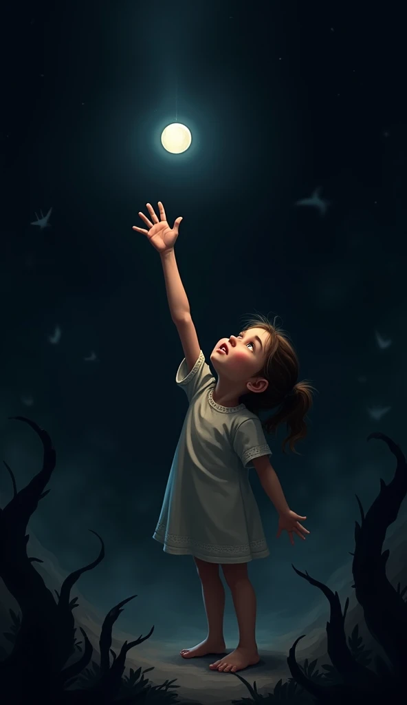 Generated illustration of a girl trying to grab a small light in the darkness