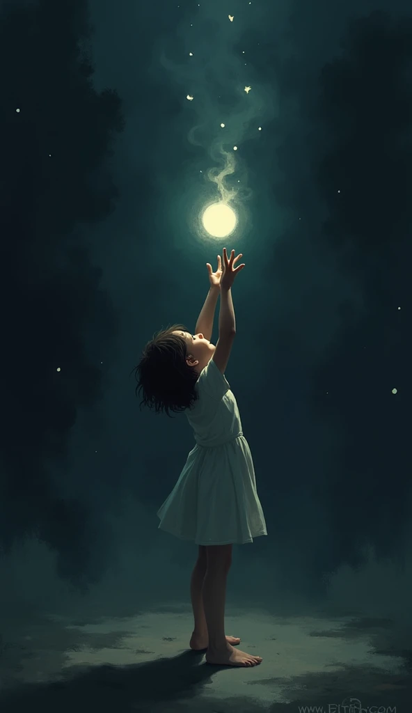 Generated illustration of a girl trying to grab a small light in the darkness