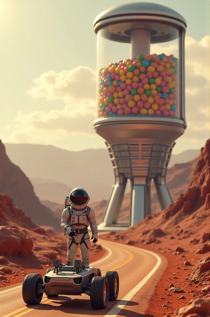Astronaunt dricing martihi standing on a highway with a Big  dink waja of candies on the background