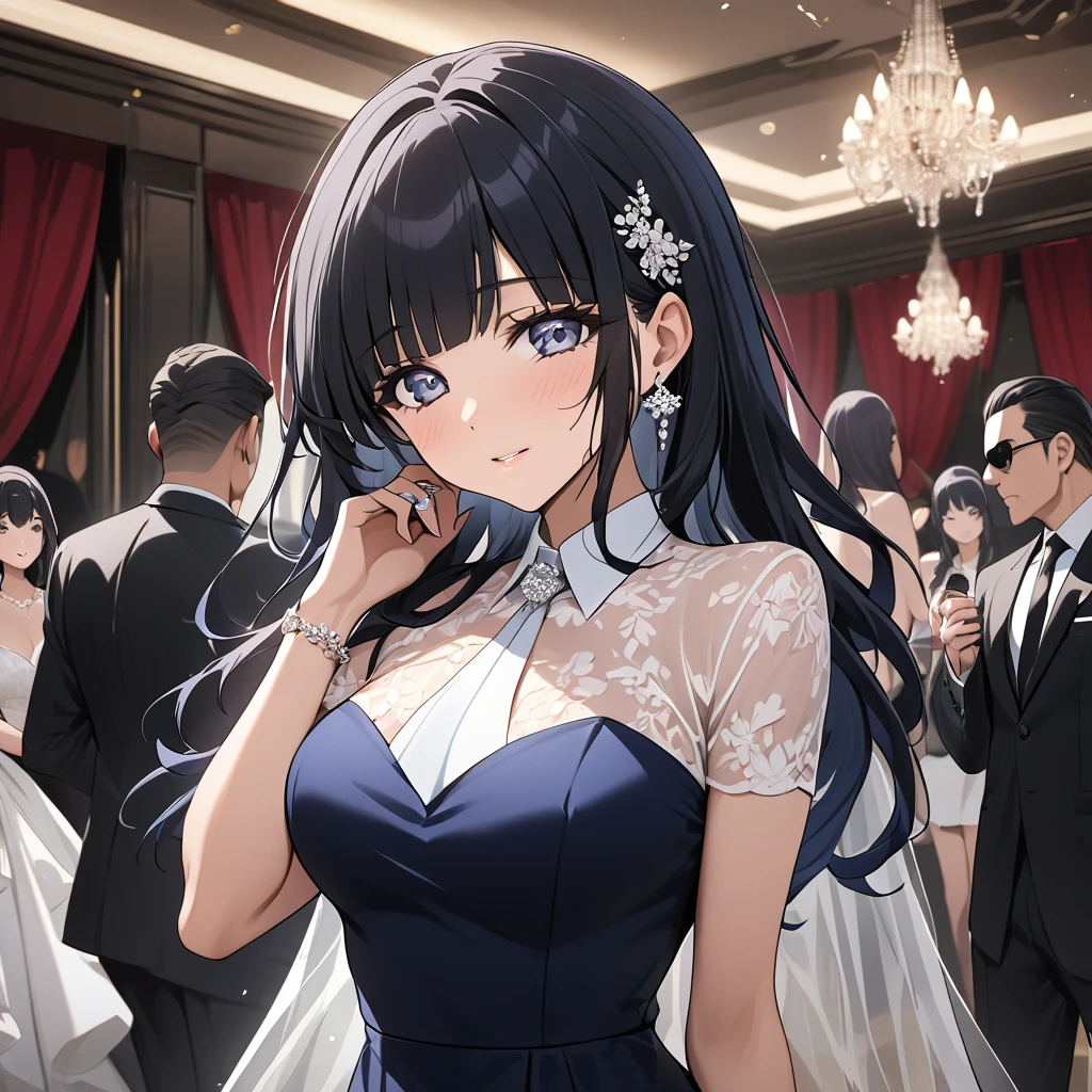 ((Highest quality)), ((masterpiece)), (detailed), (Perfect Face)、The woman is Reika Aoki, the wife of a mafia boss, with medium-long black hair and an engagement ring.、A woman is having a lavish mafia wedding with a mafia boss man at a lavish wedding venue.