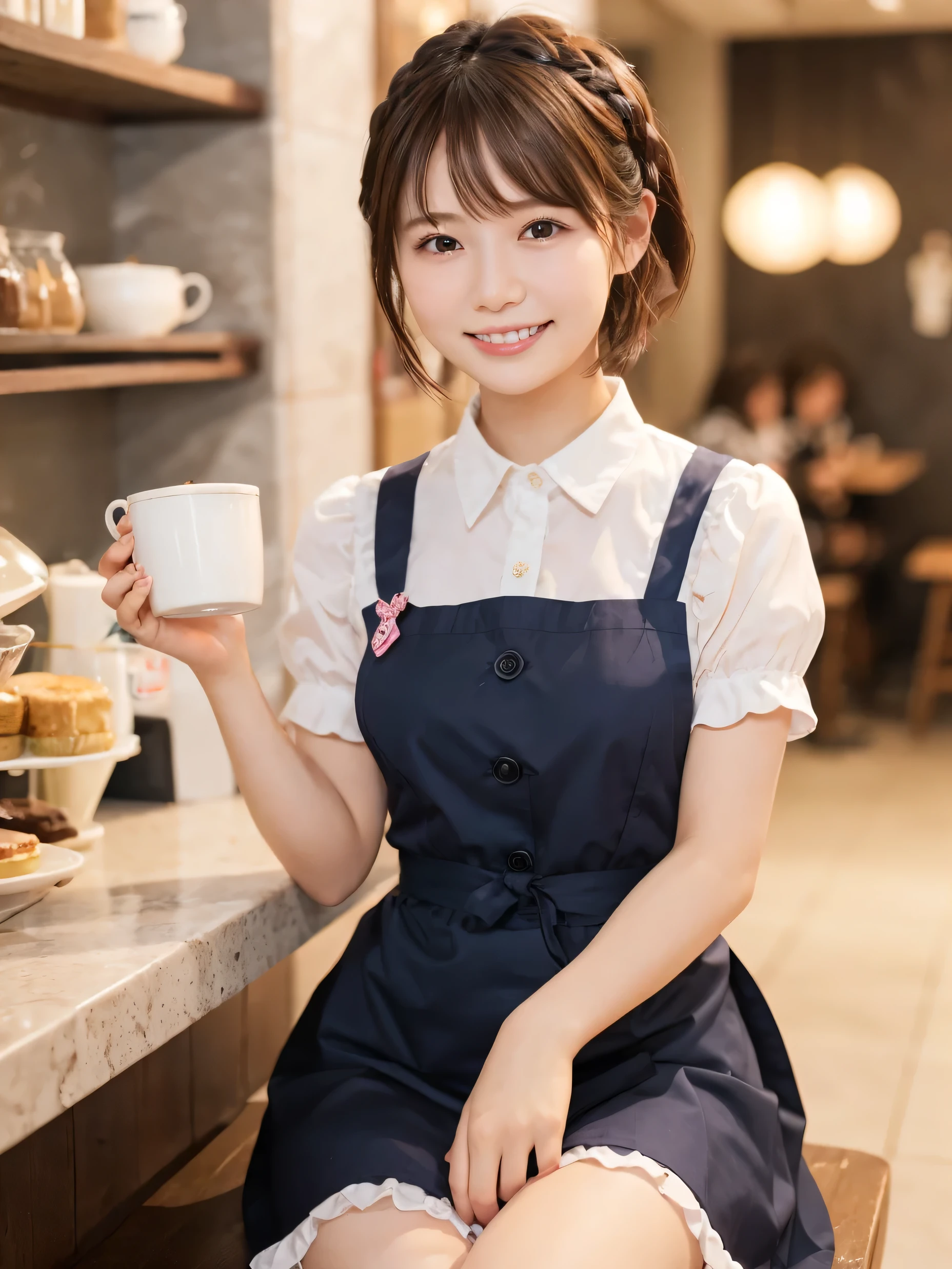 1 girl、(RAW Photos、Highest quality)、(Real、Photoreal:1.4)、Tabletop、Very delicate and beautiful、Very detailed、2k wallpaper、wonderful、Detailed、very detailedCG Unity 8K wallpaper、Super detailed、High resolution、Pink waitress outfit、Long skirt、Frills、apron、ribbon、Soft Light、Beautiful detailed girl、Cafe waitress、Short Medium Hair、Bob Hair、Braided Hair、Very detailed目と顔、smile、Happy Face、Cafe、coffee shop