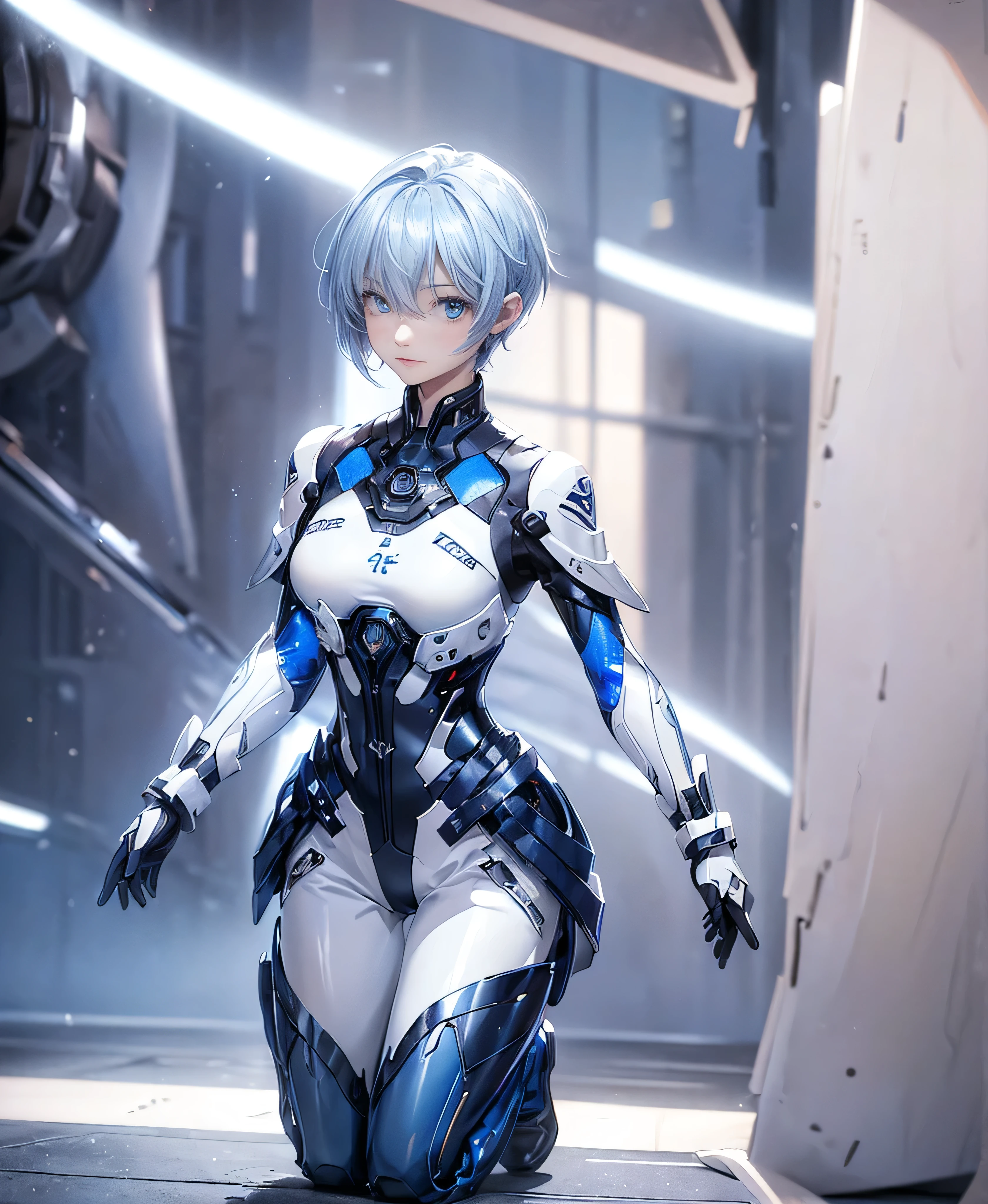 ((Holographic glow effect)),((4K Works))、masterpiece、(Highest quality)、One beautiful girl、The body is slim、expensive、((Navy blue shirt and white pants、Charming street style))、Please wear a cropped jacket、(Beautiful eyes in every detail)、((Kneel))、((short-haired gray hair))、((Makes your face smaller))、((Neutral face))、((Bright Blue Eyes))、((Adult female, 2))、((Cool woman))、((Like a celebrity))、((elongated and sharp eyes))、((boyish))、Professional photos、((Model Photo))、((Look up at the sky))、((Shooting from behind))、((She is looking upwards))、((Her eyes are looking up))、((Increase the angle of the face))、((She is walking in front of the viewer))、(Neckline), Elbow-length gloves、Knee-high boots、Polished floor