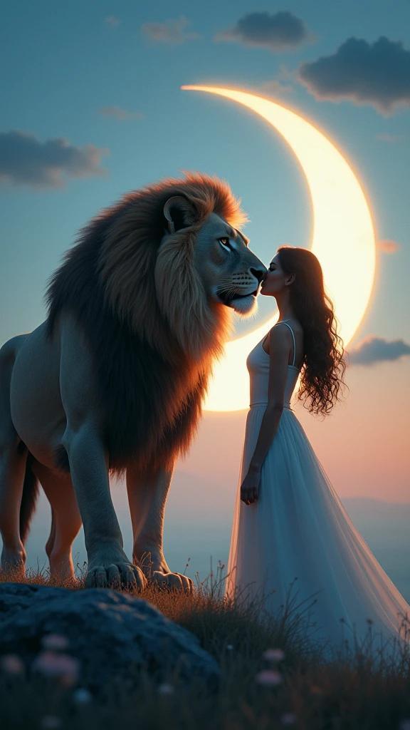 The image you shared is a beautifully crafted digital scene. Here’s a detailed description:

The scene features a majestic lion with a thick, impressive mane standing close to a woman with long, wavy hair. She is wearing an elegant dress that adds a touch of sophistication to the image. Both the lion and the woman are gazing at each other, creating a sense of connection and mutual respect.

The background appears to be set during twilight or nighttime, with a large crescent moon illuminating the scene from behind. This moonlight casts a gentle glow on both the lion and the woman, enhancing the magical and serene atmosphere of the image.

The combination of wildlife and human elements in this intimate and peaceful moment creates a fantastical scene that seems to transcend reality. The overall ambiance is both enchanting and powerful, blending elements of fantasy and realism.

If you have any specific questions or need further details, feel free to ask!