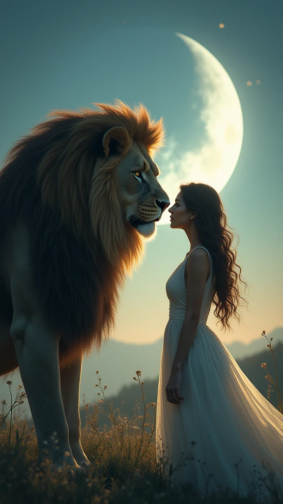 The image you shared is a beautifully crafted digital scene. Here’s a detailed description:

The scene features a majestic lion with a thick, impressive mane standing close to a woman with long, wavy hair. She is wearing an elegant dress that adds a touch of sophistication to the image. Both the lion and the woman are gazing at each other, creating a sense of connection and mutual respect.

The background appears to be set during twilight or nighttime, with a large crescent moon illuminating the scene from behind. This moonlight casts a gentle glow on both the lion and the woman, enhancing the magical and serene atmosphere of the image.

The combination of wildlife and human elements in this intimate and peaceful moment creates a fantastical scene that seems to transcend reality. The overall ambiance is both enchanting and powerful, blending elements of fantasy and realism.

If you have any specific questions or need further details, feel free to ask!