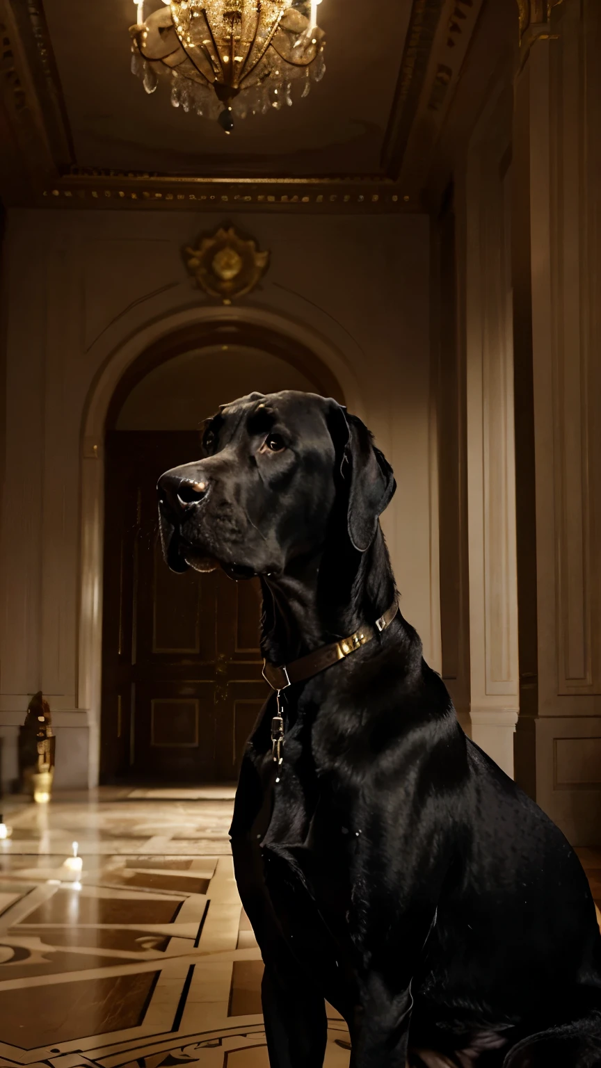 Generate a high-resolution image of a one Great Danes set against a luxurious background. The image should feature the breed's unique characteristics and personality, with an opulent setting such as a grand mansion interior, a lavish garden, or an elegant penthouse.