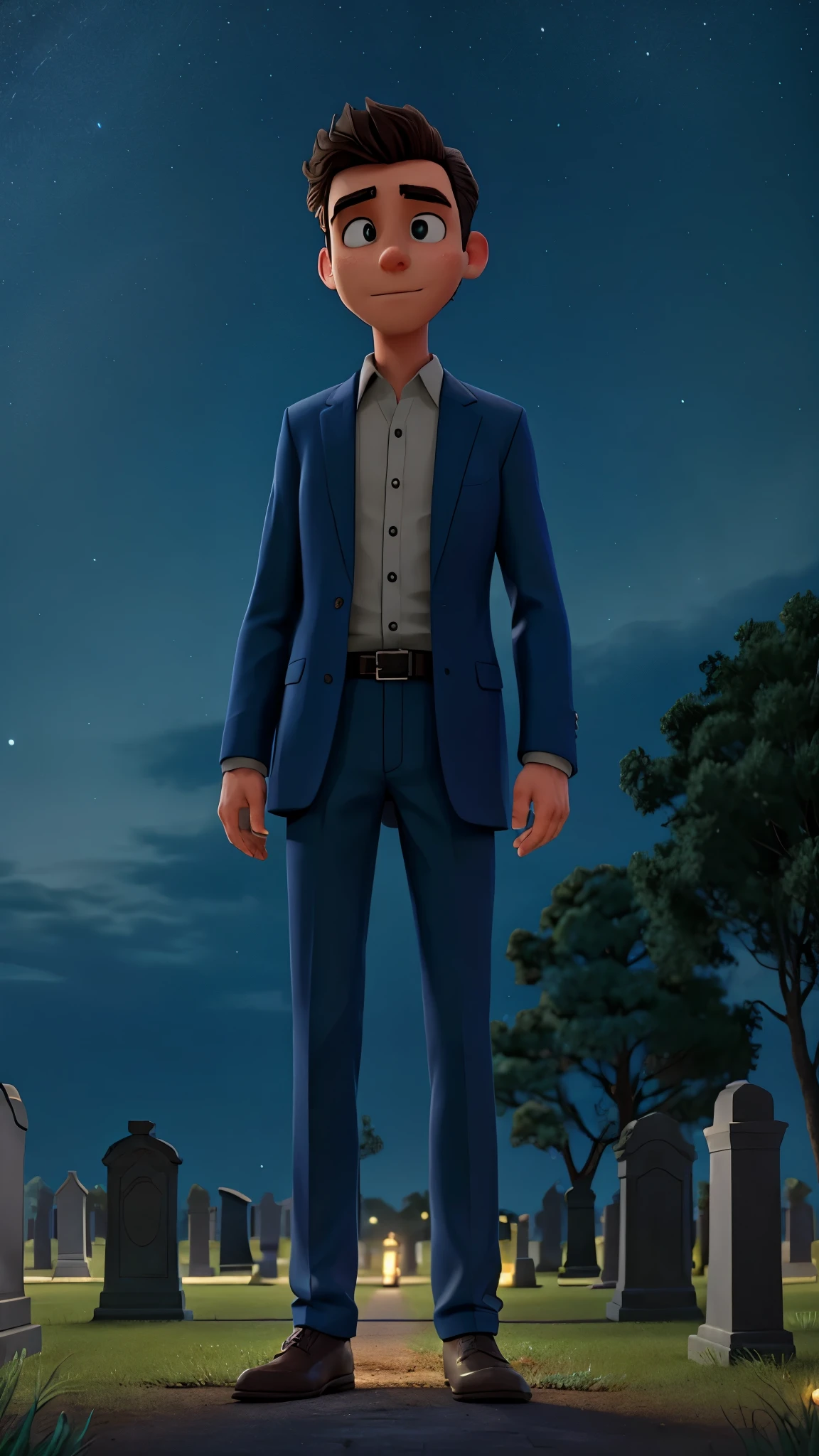 a man in a cemetery. night, blue light