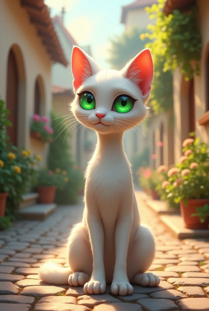 **Felix the Charming white Cat in human body **:
- **Prompt**: "A sleek and charming white cat in human body with glistening fur, sitting confidently on a cobblestone street in a cozy little town. The town is filled with quaint cottages and blooming flowers. Felix, the white cat in human body , has an air of confidence and mystery, his emerald eyes shining as he gazes into the distance. The scene is lit with the warm, golden light of a late afternoon."