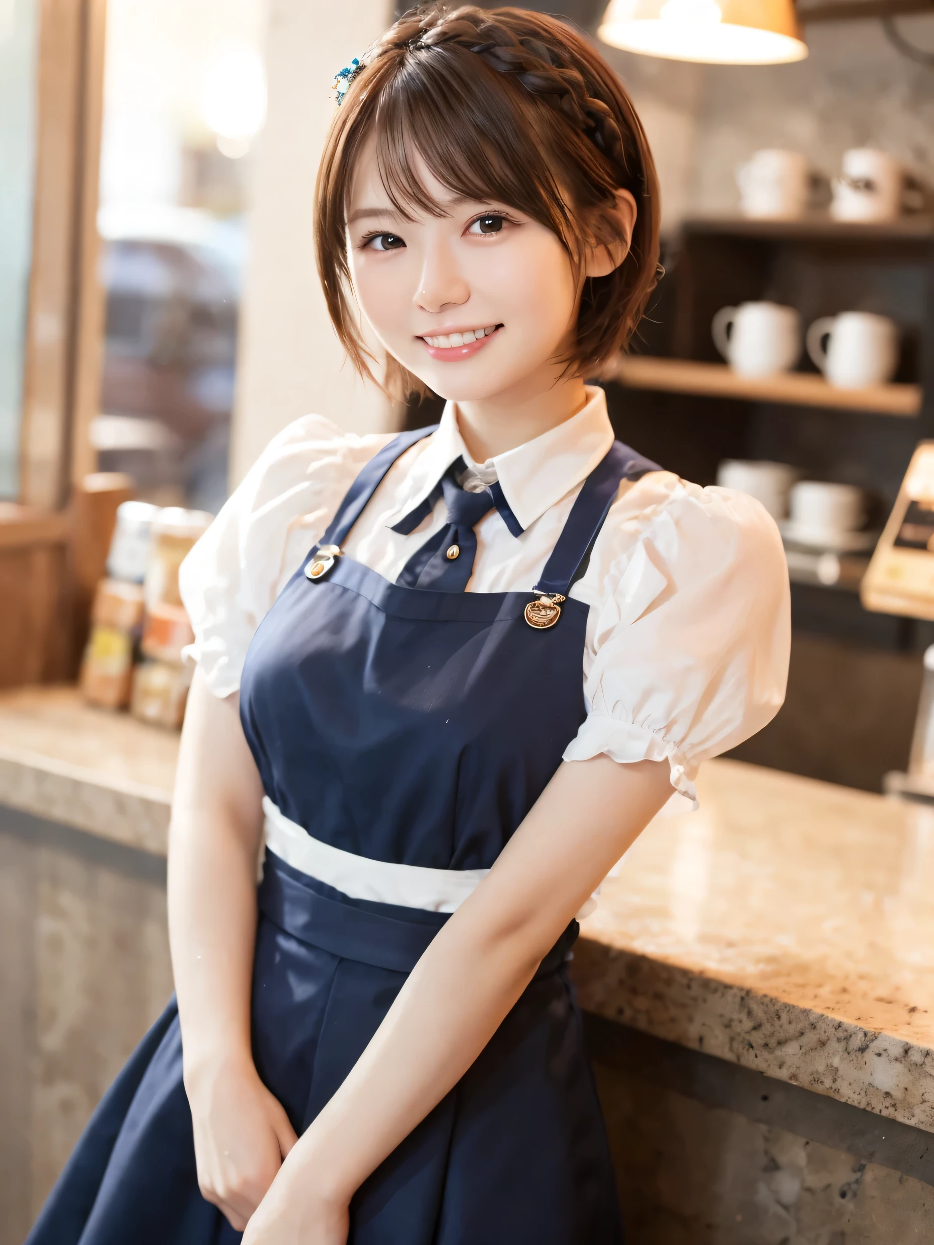 1 girl、(RAW Photos、Highest quality)、(Real、Photoreal:1.4)、Tabletop、Very delicate and beautiful、Very detailed、2k wallpaper、wonderful、Detailed、very detailedCG Unity 8K wallpaper、Super detailed、High resolution、Pink waitress outfit、Long skirt、Frills、apron、ribbon、Soft Light、Beautiful detailed girl、Cafe waitress、Short Medium Hair、Bob Hair、Braided Hair、Very detailed目と顔、smile、Happy Face、Cafe、coffee shop