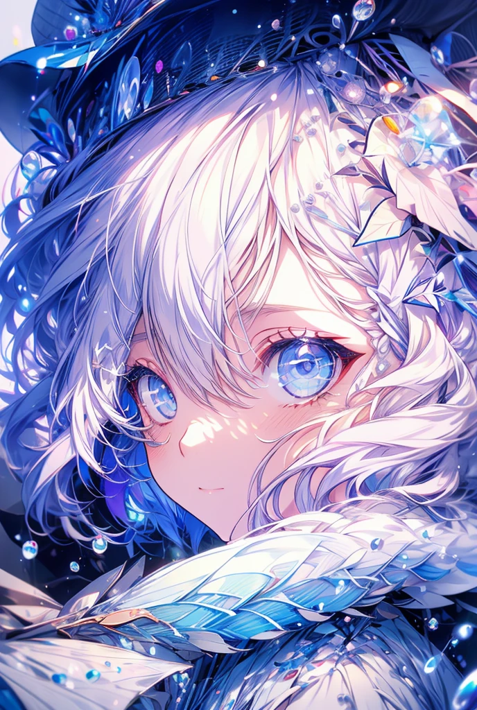 One girl, High-resolution model, White Hair,Purple right eye,Left eye blue,Your eyes shine like jewels,water droplets,Starlight,Long Hair,