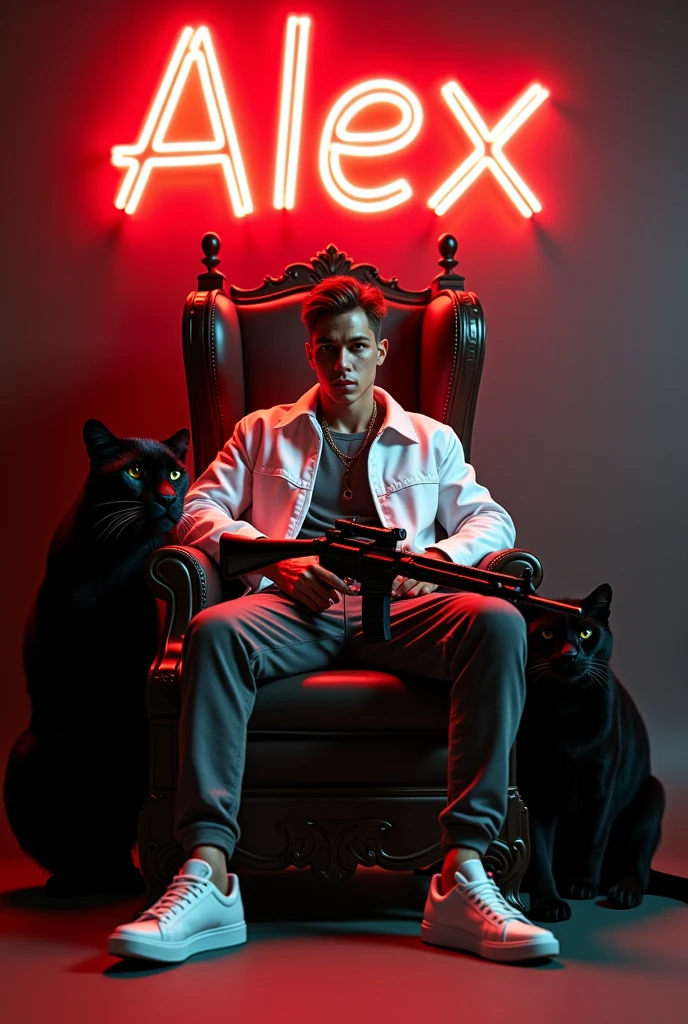 Create a 3D illusion for a profile picture where a 2 cute guy in a white jacket is sitting casually on a throne. With a rifle in his hand. And a ferocious Balck panther next to me. Wearing sneakers, he looks ahead. On the dark brown wall in the background is “ALEX” in large and bold red neon light font. He should neither have a shadow nor