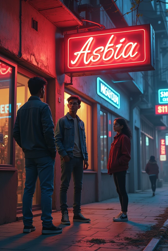 A young modern arrogant arrogant but studious Indian 1 boy standing outside a nightclub with a drunk boy, and a typical Indian teenage girl standing away watching the boy, a picture of