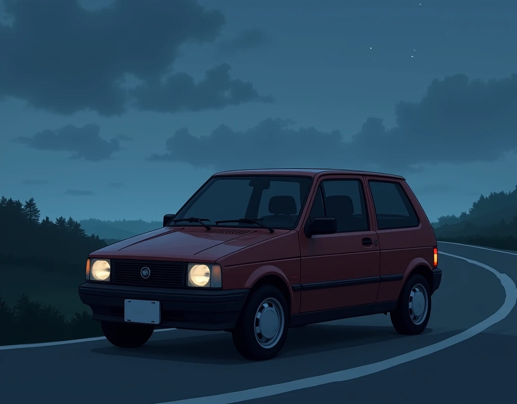 Fiat uno style car with black windows, night with cloudy sky on a road side view in Anime style