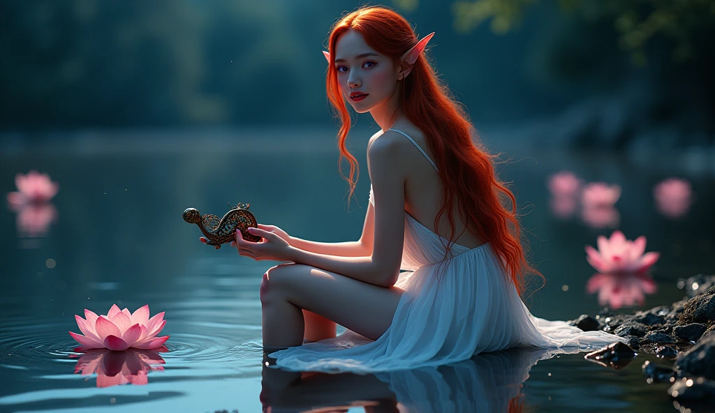 Sexy female elf sitting by a lake at night。She was wearing a thin white dress.、Shoulders and legs are exposed。Her long red hair reflected in the lake、The eyes shine a deep purple。In her hands she holds an ancient instrument、She has a seductive smile on her face while playing it.。Around her floated shining lotus flowers.、The surface of the lake is gently rippling。Starry sky spreads out in the background、It creates a fantastic and dark atmosphere.。Aiming for realistic depictions、The photo is in the highest resolution(8k)Please。