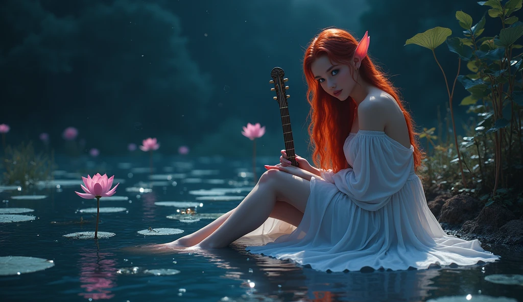 Sexy female elf sitting by a lake at night。She was wearing a thin white dress.、Shoulders and legs are exposed。Her long red hair reflected in the lake、The eyes shine a deep purple。In her hands she holds an ancient instrument、She has a seductive smile on her face while playing it.。Around her floated shining lotus flowers.、The surface of the lake is gently rippling。Starry sky spreads out in the background、It creates a fantastic and dark atmosphere.。Aiming for realistic depictions、The photo is in the highest resolution(8k)Please。