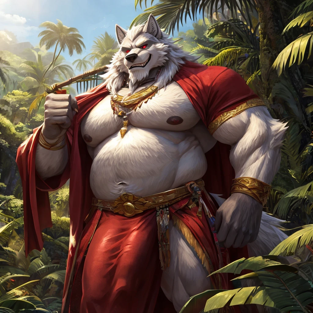((أفضل جودة)), ((تحفة)), (مفصلة للغاية), ((4K)).
Wolf,dilf, muscular, very fat,old , leader clothes, father,old clan, white fur, red eyes ,confident, dominating, showing off, looking at viewer, grinning, jungle , massive erection, hard cock,make erection bigger ,fat cock , make the cock bigger, make cock massive,cock bigger , bigger cock twice as big