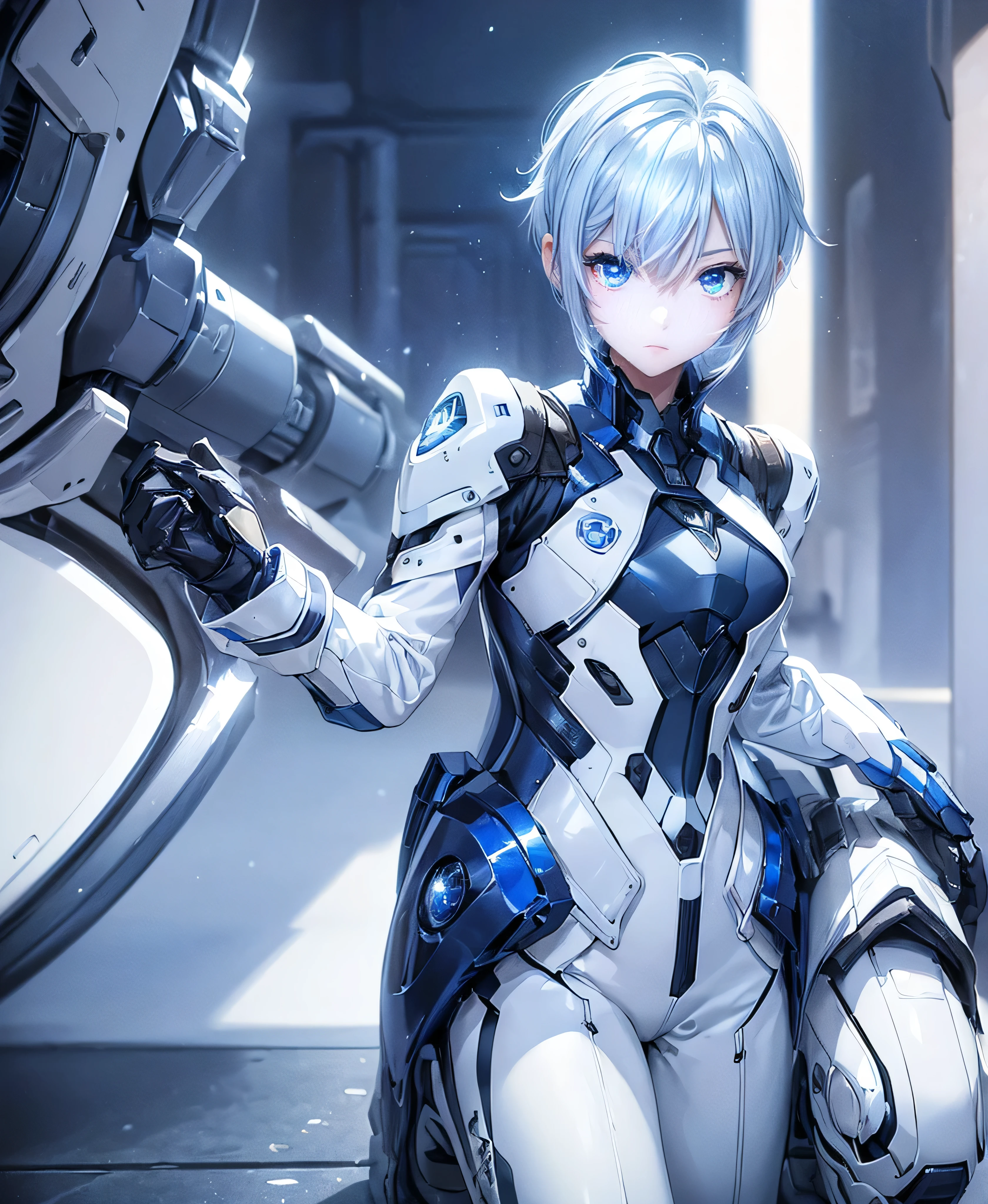 ((Holographic glow effect)),((4K Works))、masterpiece、(Highest quality)、One beautiful girl、The body is slim、expensive、((Navy blue shirt and white pants、Charming street style))、Please wear a cropped jacket、(Beautiful eyes in every detail)、((Kneel))、((short-haired gray hair))、((Makes your face smaller))、((Neutral face))、((Bright Blue Eyes))、((Adult female, 2))、((Cool woman))、((Like a celebrity))、((elongated and sharp eyes))、((boyish))、Professional photos、((Model Photo))、((Look up at the sky))、((Shooting from behind))、((She is looking upwards))、((Her eyes are looking up))、((Increase the angle of the face))、((She is walking in front of the viewer))、(Neckline), Elbow-length gloves、Knee-high boots、Polished floor