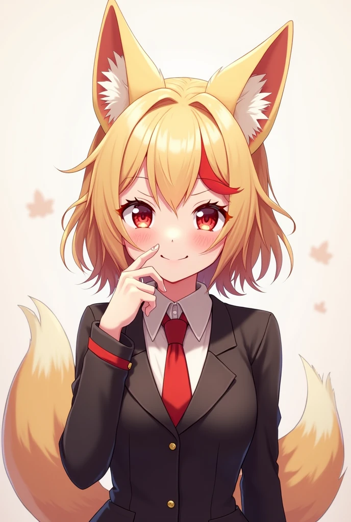 Light blonde anime girl, Eyes red , Red hair highlights in the front of the hair, blonde fox ears, ssmile, formal outfit
