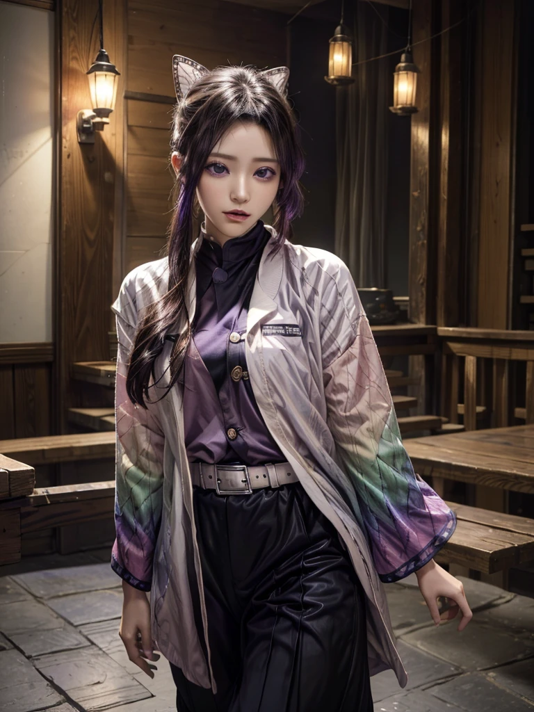 masterpiece, Highest quality, High resolution, One person, alone, kochou shinobu, Butterfly Hair Ornament, Purple eyes, Multicolored Hair, short hair, Parted bangs, Haori, Wide sleeves, Long sleeve, Black trousers, Black jacket, belt, Cowboy Shot, Have a weapon, sword