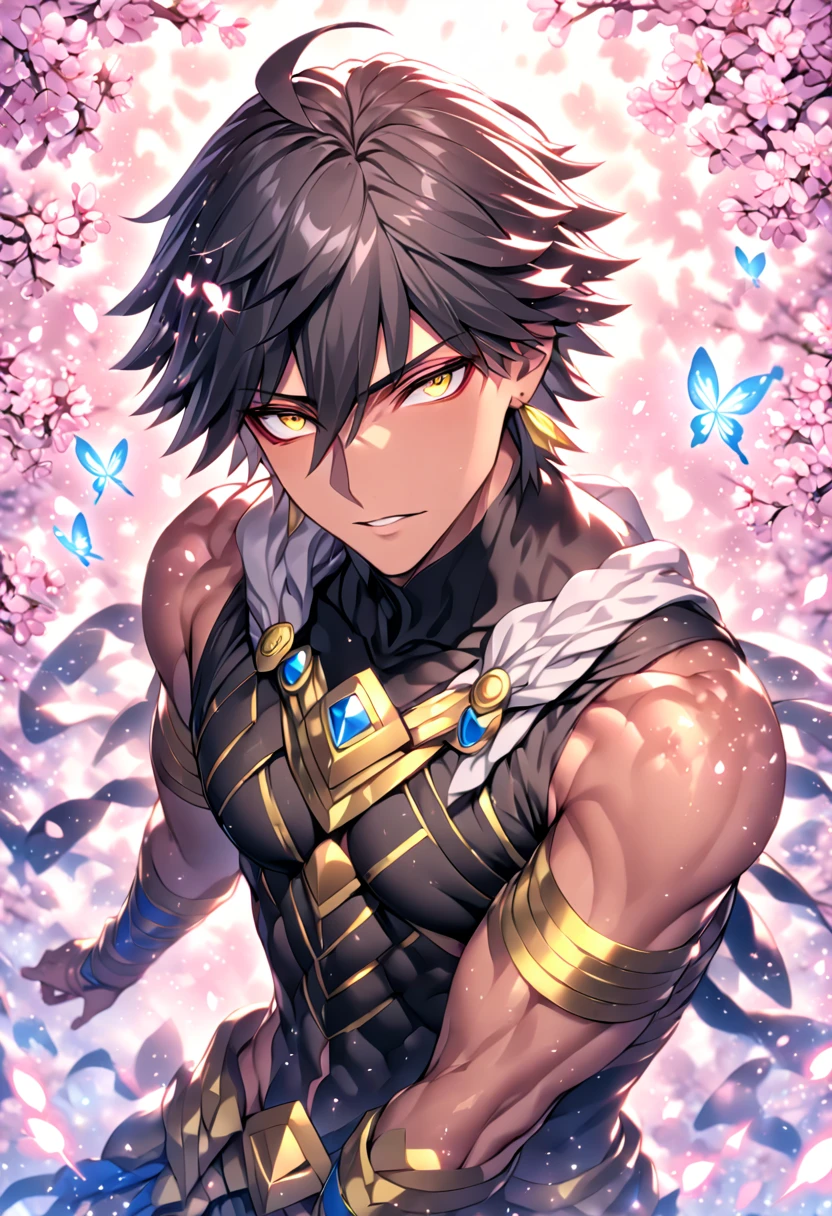 High resolution, ultra detailed, high quality, absurd resolution, HDR, best quality, master piece, detailed eyes, delicated features, tanned skin, Ozymandias, black hair, expressive yellow eyes, Fate Grand Order, solo, sexy man, handsome, sensual, adult face, mature man, black sleeveless choli, fantasy, magical, pink flowers, pink glittering butterflies, cherry blossoms, pink water, particles, crystal light