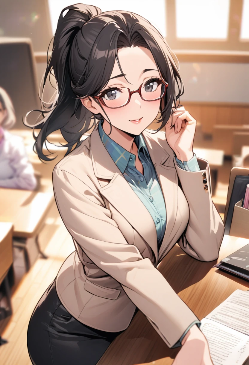 girl, mature, black eyes, black hair,  beautiful eyes, beautiful color, high detail, cute, ponytail, glasses, teacher,  front face