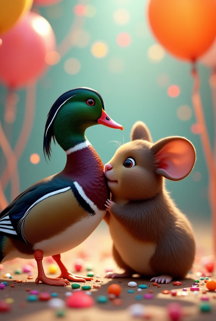 a pair of male mandarin duck and female dark brown guinea pig with floppy ears (not a hamster)  très amoureux, alone at a colorful party 