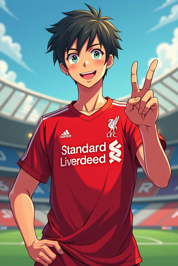 A handsome young man smiles Toriyama Akira style and gives a two-finger salute while wearing a Liverpool shirt. standing in cartoon style illustration Detailed and colorful Dynamic photography, realistic high-quality colorful poses.