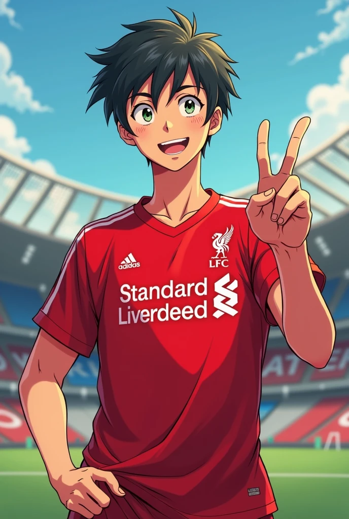 A handsome young man smiles Toriyama Akira style and gives a two-finger salute while wearing a Liverpool shirt. standing in cartoon style illustration Detailed and colorful Dynamic photography, realistic high-quality colorful poses.