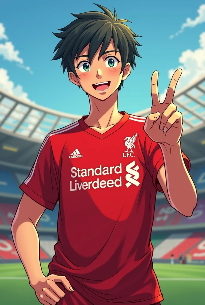 A handsome young man smiles Toriyama Akira style and gives a two-finger salute while wearing a Liverpool shirt. standing in cartoon style illustration Detailed and colorful Dynamic photography, realistic high-quality colorful poses.